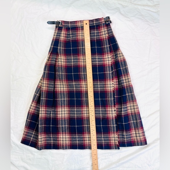 True vintage maroon burgundy navy blue cream wool midi kilt skirt - Picture 8 of 8